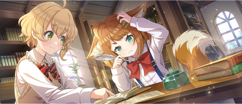 2girls ahoge animal_ear_fluff animal_ears blonde_hair blue_bow blue_bowtie blue_suspenders book bookshelf bow bowtie breasts brown_hair brown_sweater_vest chair child cielo_(konosuba) closed_mouth collared_shirt confused day diagonal-striped_bow diagonal-striped_bowtie diagonal-striped_clothes ears_down emblem fang frilled_shirt_collar frills furrowed_brow game_cg green_bow green_eyes hair_bow hair_ornament hairpin hand_on_own_head highres holding holding_quill indoors inkwell kono_subarashii_sekai_ni_shukufuku_wo! konosuba!_fantastic_days light_blush light_rays long_sleeves looking_at_another looking_to_the_side medium_hair miia_(konosuba) multiple_girls official_alternate_costume official_art on_chair open_book pointing quill red_bow red_bowtie school_emblem school_uniform shade shirt short_hair sidelocks single_sidelock sitting small_breasts smile sparkle striped_clothes sunbeam sunlight suspenders sweat sweater_vest swept_bangs table tail teaching two-tone_bow two-tone_bowtie wavy_hair white_shirt window wooden_ceiling