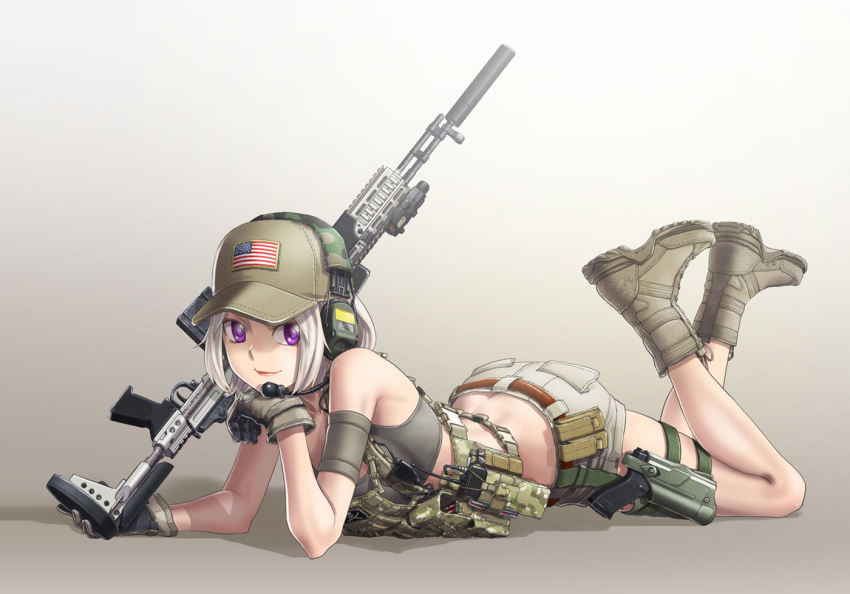 1girl american_flag arm_support assault_rifle bad_id bad_pixiv_id battle_rifle belt boots buckle butt_crack camouflage combat_boots female_focus glock gloves gun handgun hat headset holster kws load_bearing_vest looking_at_viewer m14 magazine_(weapon) midriff military military_uniform original pistol purple_eyes radio rifle shorts silver_hair snap-fit_buckle solo suppressor thigh_holster weapon