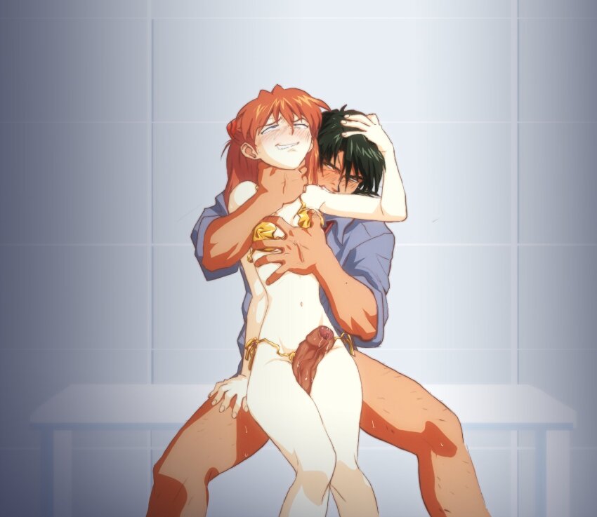 1boy 1girl age_difference amondetauro bikini biting black_hair blush erection grinding hetero highres kaji_ryouji long_hair neon_genesis_evangelion older_man_and_younger_girl orange_hair penis precum pussy_juice red_hair souryuu_asuka_langley strangling swimsuit testicles