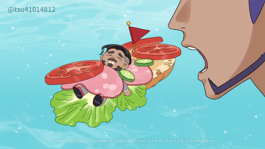 &gt;_&lt; 2boys beard black_hair clenched_teeth closed_eyes commentary_request cucumber cucumber_slice earrings eating facial_hair game_freak grey_jacket grey_pants jacket jewelry leon_(pokemon) lettuce lying male_focus mini_person miniboy multiple_boys nintendo on_back open_mouth pants pokemon pokemon_swsh purple_hair red_shoes rose_(pokemon) shoes short_hair sliced_meat teeth tomato tomato_slice tsuruba_(tsu41014812) watermark