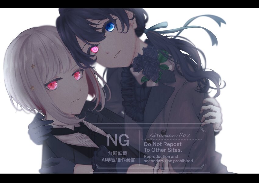 2girls alternate_universe black_flower black_gloves black_hair black_jacket black_necktie black_rose blue_eyes blue_ribbon bob_cut breasts butler buttons carrying collared_shirt colored_inner_hair commentary_request dollchestra double-breasted female_butler flower gloves grey_hair grin hair_ornament hair_ribbon heterochromia highres inverted_bob jacket letterboxed link!_like!_love_live! long_hair love_live! low_twintails medium_breasts multicolored_hair multiple_girls murano_sayaka necktie parted_lips princess_carry ranmaro red_eyes red_hair ribbon rose shirt short_hair simple_background smile star_(symbol) star_hair_ornament streaked_hair suit_jacket twintails twitter_username virtual_youtuber watermark white_background white_gloves white_shirt yugiri_tsuzuri