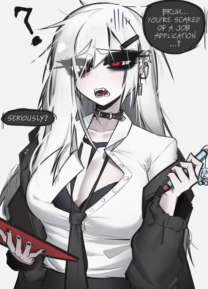 1girl ? ace_glitch asymmetrical_bangs belt_collar black_bra black_collar black_jacket black_nails black_necktie bra breasts character_charm charm_(object) cleavage clipboard collar commentary ear_piercing earrings english_commentary english_text fangs hair_over_one_eye hand_up hatsune_miku highres holding holding_clipboard holding_pen jacket jewelry large_breasts long_hair long_sleeves loose_necktie necktie open_clothes open_jacket open_mouth original partially_unbuttoned pen piercing red_eyes shirt simple_background solo speech_bubble teeth thick_eyelashes underwear vocaloid white_background white_hair white_shirt