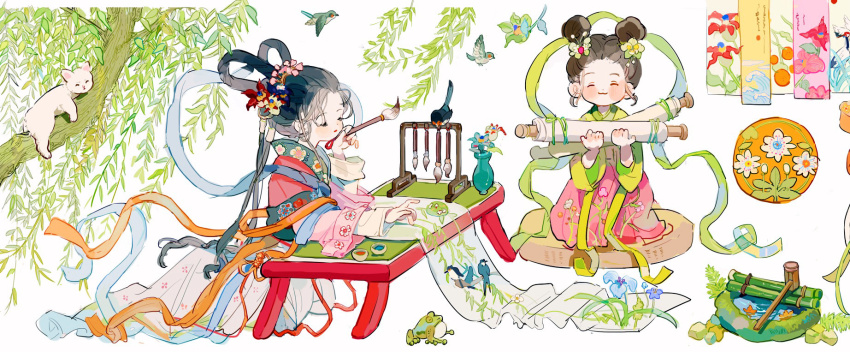 2girls animal bamboo bird blush brown_hair calligraphy_brush cat chinese_clothes closed_eyes closed_mouth flower frog full_body hair_flower hair_ornament hanfu highres holding holding_calligraphy_brush holding_paintbrush ink long_hair long_sleeves multiple_girls original paintbrush paintbrush_rack plant potted_plant putong_xiao_gou scroll sitting table white_background willow