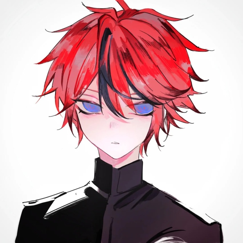 1boy black_hair black_jacket blue_eyes chinese_commentary commentary_request hair_between_eyes high_collar jacket last_defense_academy_school_uniform luolitadeailisi95406 male_focus multicolored_hair portrait red_hair red_pupils sanpaku school_uniform short_hair simple_background solo streaked_hair sumino_takumi the_hundred_line_-last_defense_academy- two-tone_hair white_background