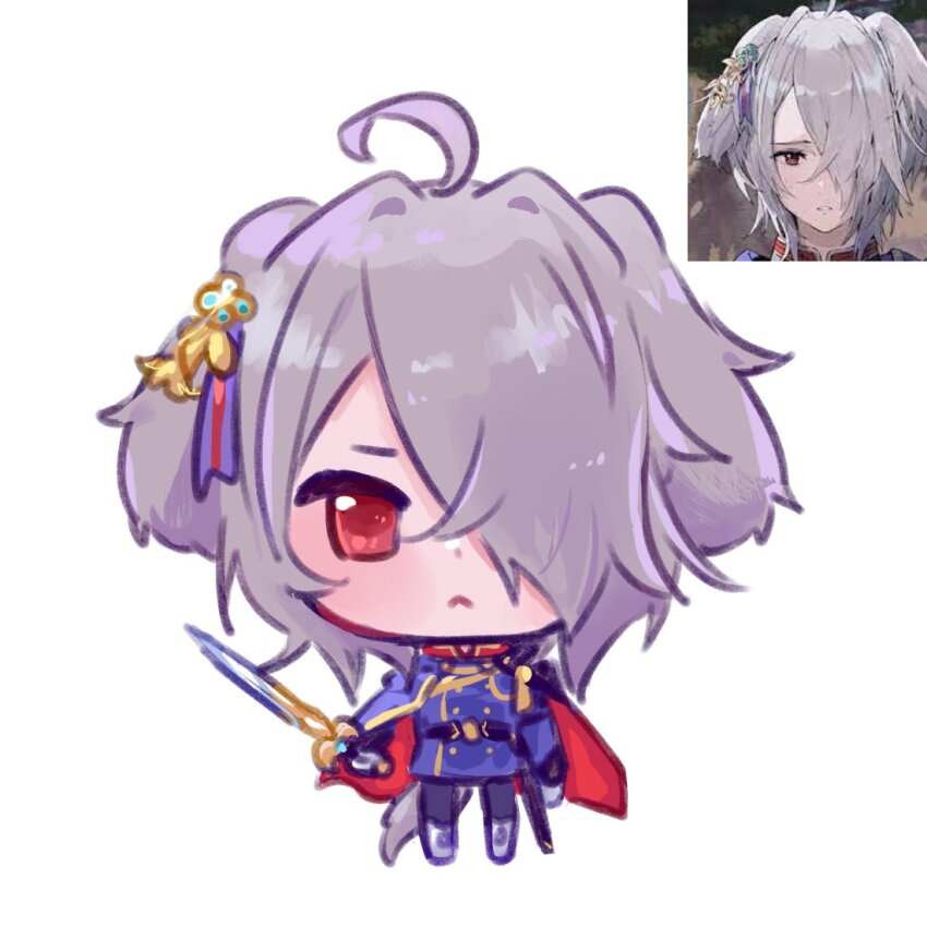 1girl ahoge androgynous animal_ears crossdressing crossdressing_(ftm) dog_ears dog_girl fire_emblem fire_emblem_shadows grey_hair herdwicoco holding holding_sword holding_weapon kurt_(fire_emblem) nintendo red_eyes reverse_trap short_hair solo sword weapon