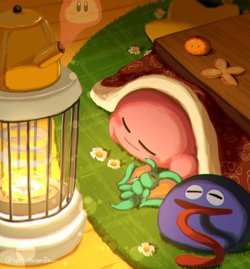 animal_ears blue_skin blush_stickers colored_skin elfilin flower gooey_(kirby) highres kirby kirby_(series) kotatsu leo_taranza mikarin_(kirby) mouse_ears nintendo no_humans notched_ear pink_skin rug sleeping star_(symbol) table tail tongue tongue_out under_kotatsu under_table wapod white_flower