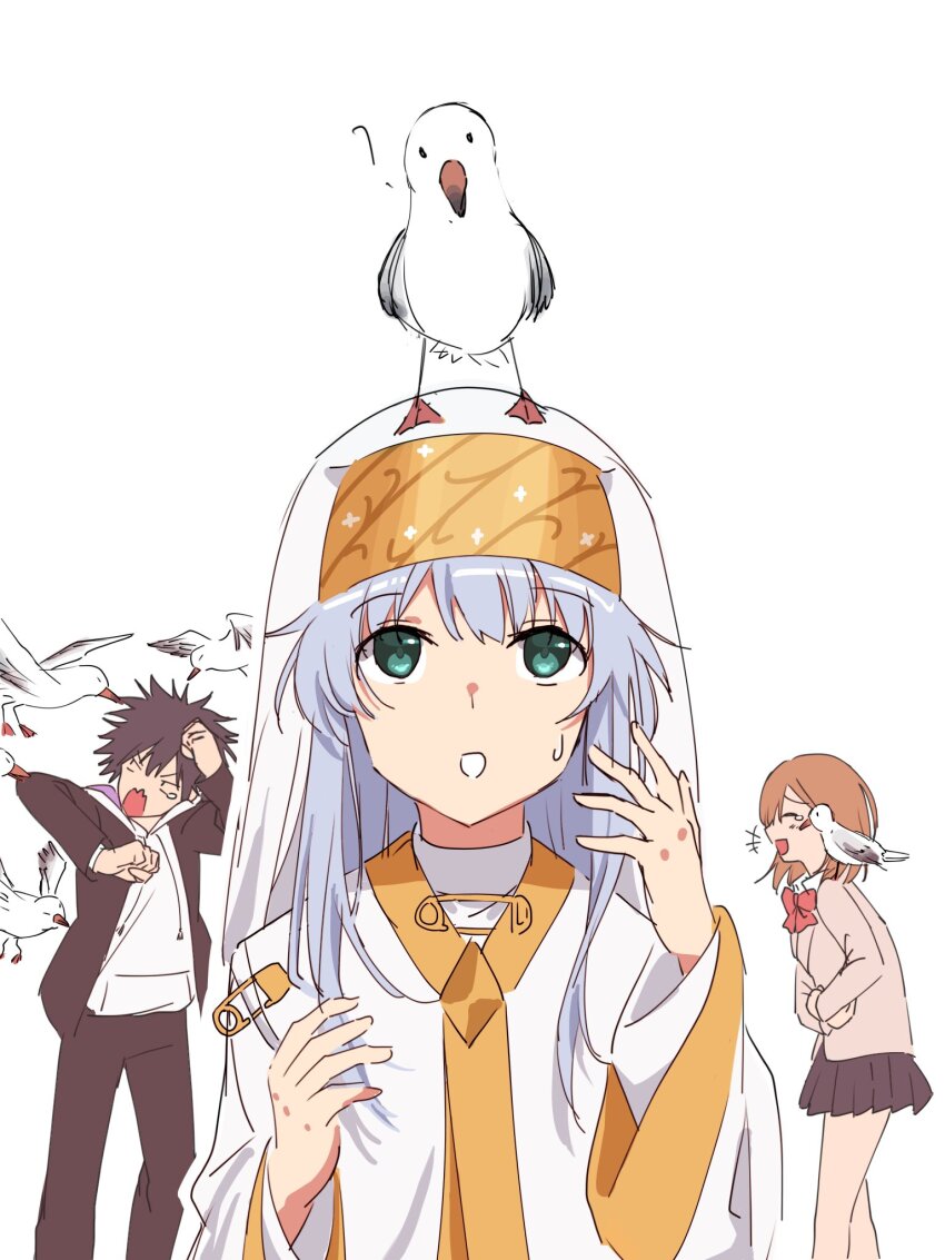 1boy 2girls ? bird black_coat black_hair black_pants bow bowtie brown_hair coat green_eyes grey_hair hand_on_own_stomach harumi61 head_tilt highres hood hooded_coat index_(toaru_majutsu_no_index) kamijou_touma laughing long_hair medium_hair miniskirt misaka_mikoto multiple_girls nun open_mouth pants parted_lips pecking red_bow red_bowtie robe safety_pin school_uniform seagull short_hair simple_background skirt smile spiked_hair toaru_majutsu_no_index toaru_majutsu_no_index:_new_testament tokiwadai_school_uniform white_background white_robe winter_uniform