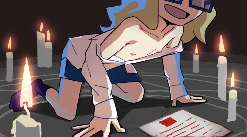 1girl all_fours blue-framed_eyewear blue_skirt blue_socks candle collarbone eyes_out_of_frame flat_chest glasses head_out_of_frame highres hotelblue loli magic_circle open_mouth original pencil_skirt shadow shirt shirt_down skirt socks solo white_shirt