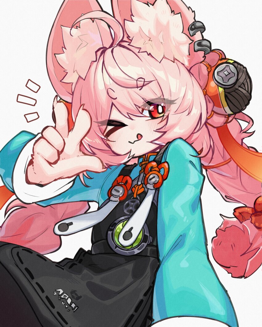 &gt;_o 1girl absurdres ahoge animal_ear_fluff animal_ear_piercing animal_ears blush braid braided_twintails bright_pupils chinese_clothes closed_mouth commentary english_commentary furry furry_female green_shirt highres long_hair looking_at_viewer mandarin_collar medallion notice_lines one_eye_closed pink_fur pink_hair rabbit_ears rabbit_girl red_eyes screw scribbledmoon shirt short_eyebrows simple_background solo thick_eyebrows tongue tongue_out upper_body w white_background white_pupils zenless_zone_zero zhao_(zenless_zone_zero)
