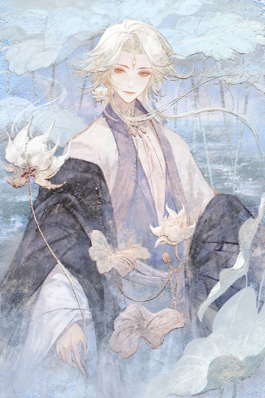 1boy absurdres blonde_hair brown_eyes calendulamew closed_mouth coat cowboy_shot earrings facial_mark flower flower_earrings highres japanese_clothes jewelry light_smile lily_pad long_hair long_sleeves looking_at_object lotus male_focus necklace onmyoji parted_bangs sidelocks solo standing taishakuten_(onmyoji) tassel tassel_earrings water white_coat white_flower white_lotus wide_sleeves