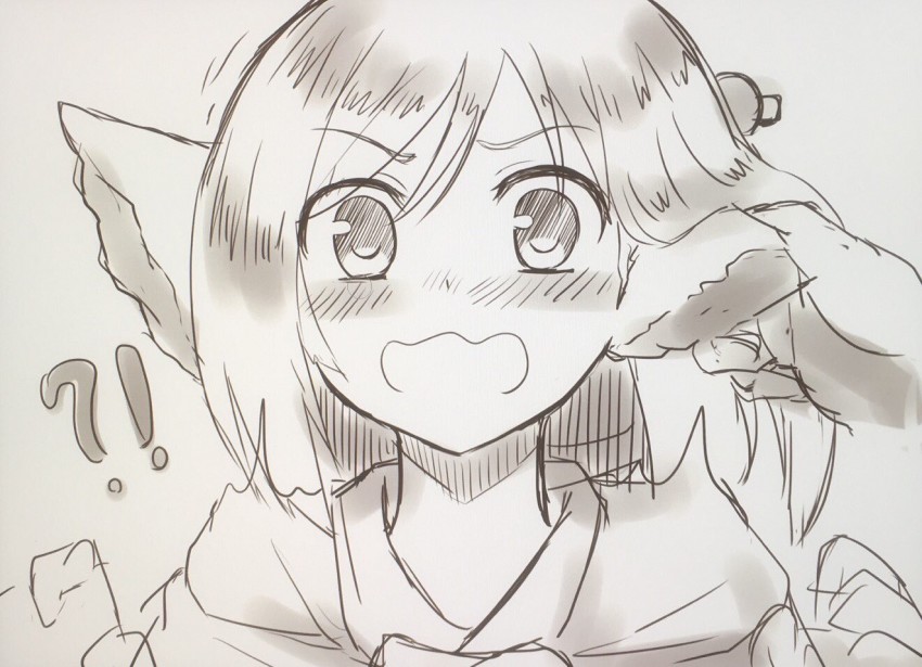 1girl animal_ears aquaplus arms_up blush embarrassed flustered grabbing_another&#039;s_ear greyscale hair_between_eyes kuon_(utawarerumono) monochrome nike_abc nose_blush open_mouth portrait raised_eyebrows scarf sidelocks sketch solo swept_bangs utawarerumono utawarerumono:_itsuwari_no_kamen wavy_mouth wide-eyed