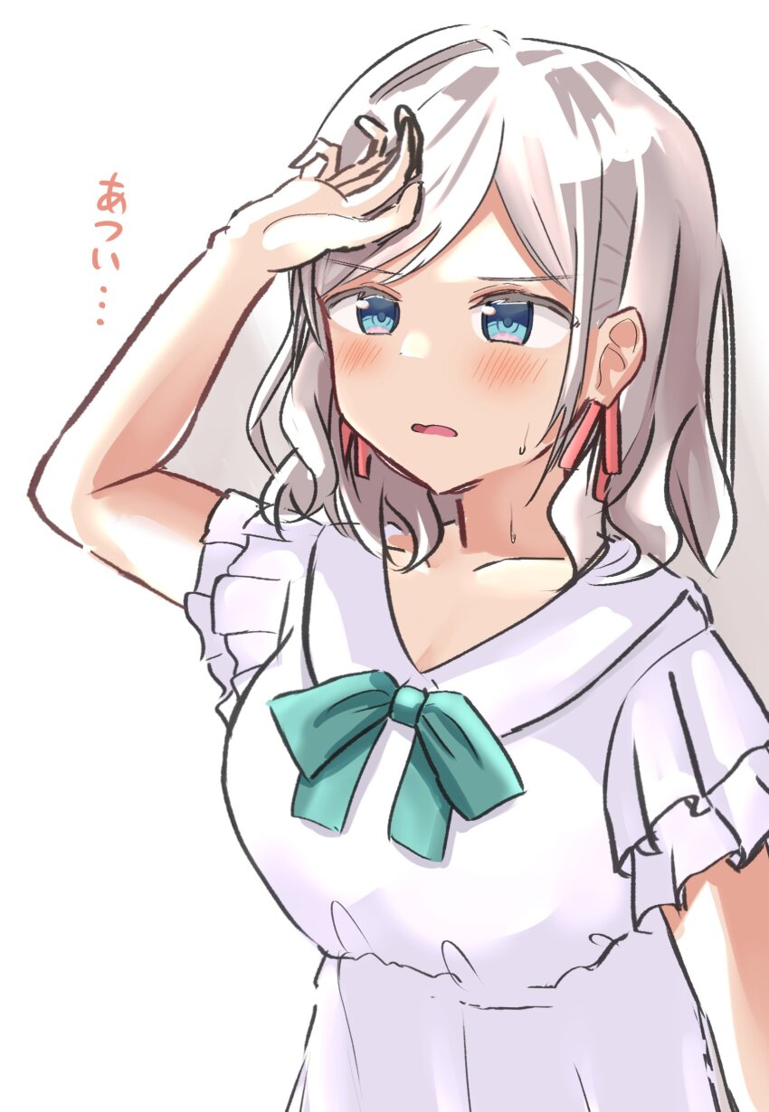 1girl absurdres aqua_ribbon arm_up blue_eyes blush breasts ceras_yanagida_lilienfeld ceras_yanagida_lilienfeld_(izayoi_selene_casual) cleavage collarbone collared_dress dress dress_ribbon frilled_sleeves frills grey_hair hair_ribbon highres hisho_(rythm_hisho) hot large_breasts link!_like!_love_live! love_live! official_alternate_costume parted_lips pink_ribbon ribbon short_sleeves simple_background solo sweat translation_request upper_body virtual_youtuber white_background white_dress