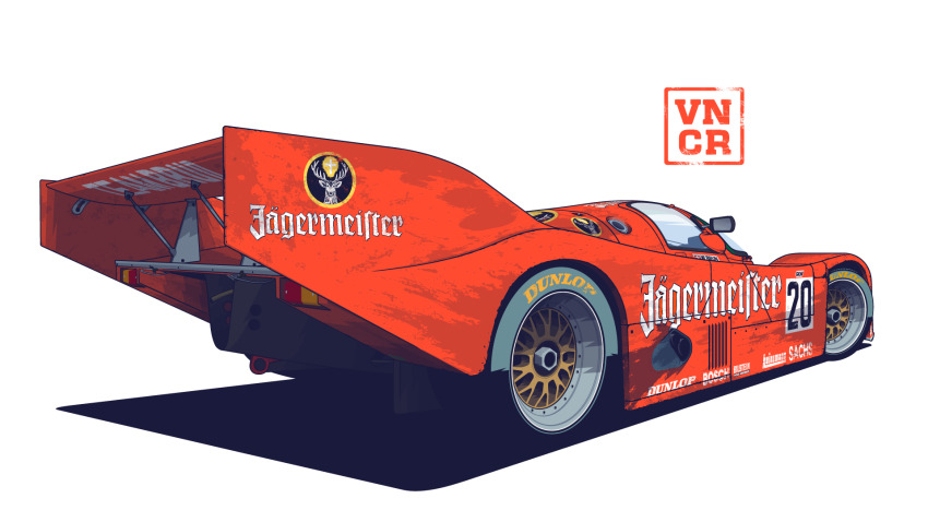 adobe_illustrator_(medium) car dunlop highres jagermeister le_mans_prototype motor_vehicle no_humans orange_car porsche porsche_962 race_vehicle racecar shadow simple_background spoiler_(automobile) sponsor vehicle_focus vincius_pereira white_background world_sportscar_championship