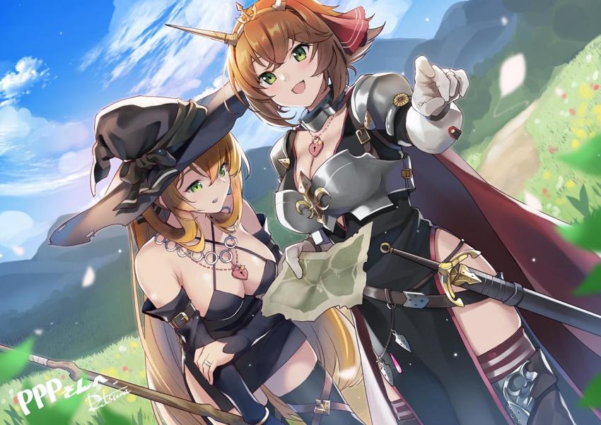 2girls :d armor bangle black_dress black_headwear blush boots bracelet breastplate breasts brown_hair cleavage commission crossover day detached_sleeves dress girls&#039;_frontline gloves green_eyes hair_between_eyes hair_ribbon hair_rings hat headgear heart heart_necklace holding holding_map holding_staff jewelry kantai_collection large_breasts leaning_forward long_hair looking_at_viewer map multiple_girls mutsu_(kancolle) necklace open_mouth outdoors pelvic_curtain pointing retsuna ribbon ring sheath sheathed short_hair shoulder_armor side_slit sidelocks signature smile springfield_(girls&#039;_frontline) staff sword thigh_boots thighhighs weapon wedding_band