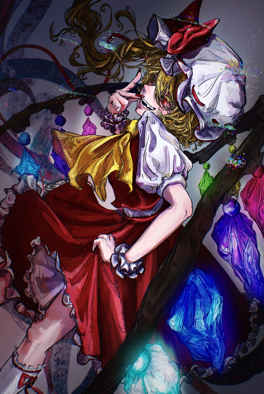 1girl absurdres ascot blonde_hair bow chinese_commentary colored_eyelashes commentary_request fangs flandre_scarlet frilled_skirt frilled_socks frilled_wrist_cuffs frills hat hat_bow highres kneehighs long_hair mob_cap open_mouth puffy_short_sleeves puffy_sleeves red_eyes red_nails red_skirt red_vest ribbon-trimmed_headwear ribbon_trim shirt shishuzia960 short_sleeves side_ponytail skirt skirt_hold smile socks solo touhou vest white_hat white_shirt white_socks wings wrist_cuffs yellow_ascot