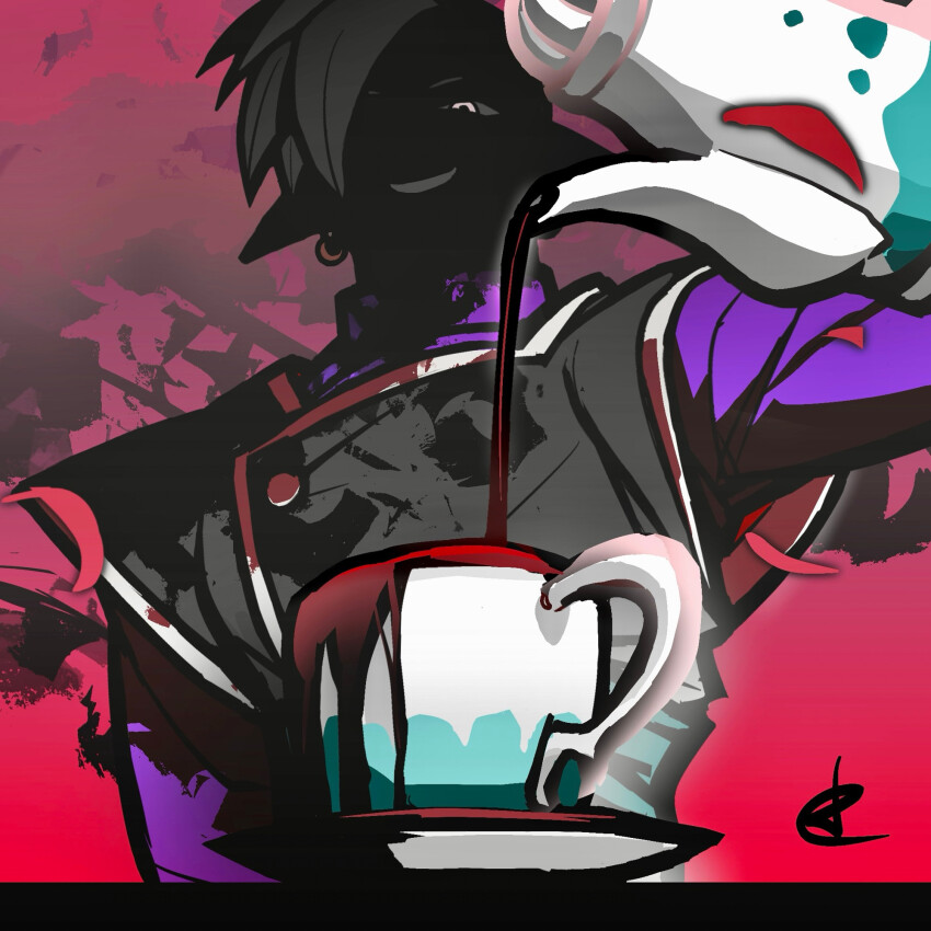 1boy blue_sash colored_skin cup dragon_ball dragon_ball_super earrings evil_grin evil_smile green_skin grey_eyes grin jewelry ldrcrest long_sleeves looking_down mohawk overflowing pointy_ears potara_earrings pouring purple_shirt sash shaded_face shirt short_hair smile solo tea teacup teapot white_hair zamasu