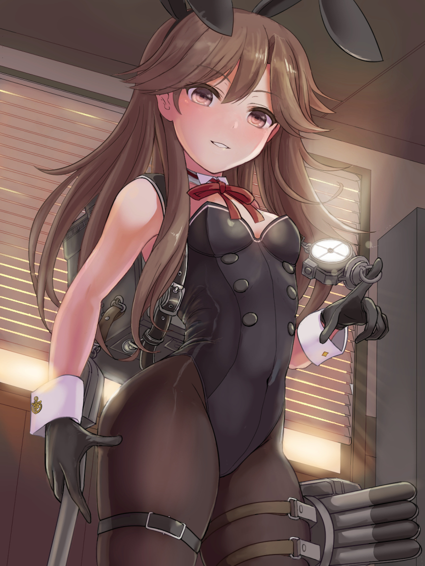 1girl adapted_costume animal_ears arashio_(kancolle) arashio_kai_ni_(kancolle) backpack bag black_gloves black_leotard black_pantyhose blush bow breasts brown_eyes brown_hair detached_collar em_s fake_animal_ears gloves groin highres kantai_collection leotard long_hair looking_at_viewer neck_ribbon pantyhose parted_lips playboy_bunny rabbit_ears rabbit_tail randoseru red_bow red_ribbon ribbon rigging searchlight side-tie_leotard small_breasts smile solo strapless strapless_leotard tail thigh_strap torpedo_launcher torpedo_tubes wrist_cuffs