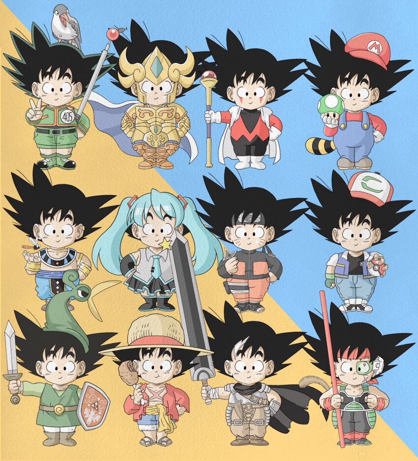 1-up_mushroom 6+boys armor ash_ketchum ash_ketchum_(cosplay) bardock bardock_(cosplay) beerus beerus_(cosplay) berserk black_hair chicken_(food) chicken_leg child cosplay dragon_ball dragon_ball_super dragonball_z food full_body gavo gold_armor gold_saint gon_freecss gon_freecss_(cosplay) guts_(berserk) guts_(berserk)_(cosplay) hatsune_miku hatsune_miku_(cosplay) highres holding holding_mushroom holding_poke_ball holding_shuriken holding_staff holding_sword holding_weapon hunter_x_hunter leo_aiolia leo_aiolia_(cosplay) link mage_staff mario mario_(cosplay) mario_(series) meat monkey_d._luffy monkey_d._luffy_(cosplay) multiple_boys multiple_persona mushroom naruto_(series) nintendo one_piece poke_ball pokemon pokemon_(anime) raccoon_mario saint_seiya short_hair shuriken son_goku spiked_hair staff super_mario_bros._3 sword the_legend_of_zelda the_legend_of_zelda:_the_minish_cap toon_link toon_link_(cosplay) uzumaki_naruto uzumaki_naruto_(cosplay) v vocaloid weapon wesatinthecar