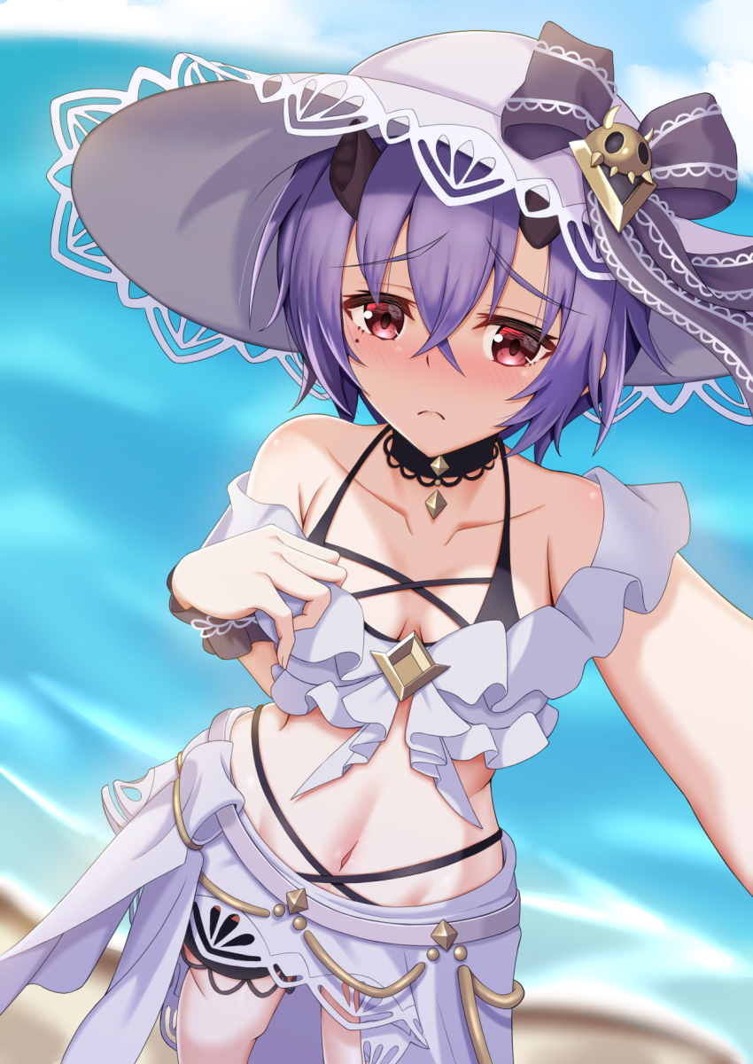 1girl bare_shoulders bikini black_choker blue_sky blurry blurry_background breasts choker cloud collarbone commentary_request day depth_of_field grey_headwear hair_between_eyes hand_up highres iseshi navel outdoors princess_connect! purple_hair reaching reaching_towards_viewer red_eyes selfie shinobu_(princess_connect!) shinobu_(summer)_(princess_connect!) sky small_breasts solo standing swimsuit water white_bikini wrist_cuffs