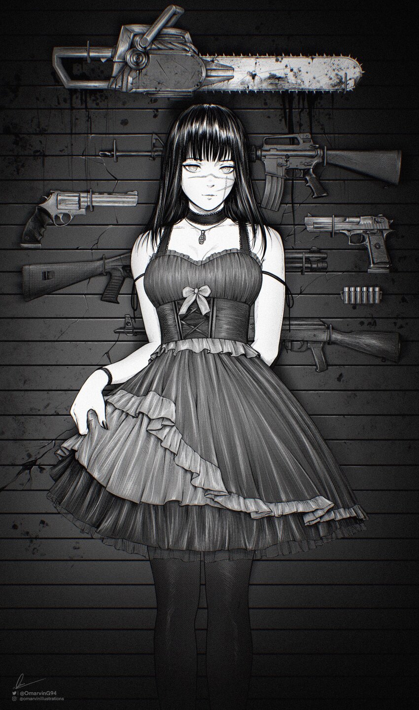 1girl absurdres ak-47 akm arms_behind_back assault_rifle benelli_m4_super_90 black_choker black_dress black_hair black_nails blood bloody_weapon bracelet chainsaw chainsaw_man choker cross-laced_clothes cross-laced_dress cross_scar dress explosive facial_scar frilled_dress frills grenade greyscale gun handgun highres instagram_username jewelry kalashnikov_rifle long_hair looking_at_viewer m16 m16a2 marvin_(omarvin) monochrome revolver ribbon rifle ringed_eyes scar scar_on_cheek scar_on_face shotgun solo twitter_username weapon weapon_on_wall yoru_(chainsaw_man)