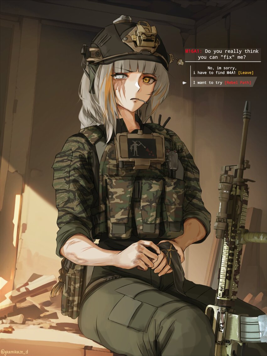 armor assault_rifle blunt_bangs braid bulletproof_vest camouflage camouflage_shirt cigarette combat_helmet dgkamikaze girls&#039;_frontline green_pants gun handgun helmet highres holding_eyepatch holster long_hair looking_at_viewer m16 m16a1_(boss)_(girls&#039;_frontline) m16a1_(girls&#039;_frontline) m16a4 multicolored_hair object_request pants rifle scar scar_across_eye scar_on_face shirt sitting weapon white_hair woodland_camouflage yellow_eyes