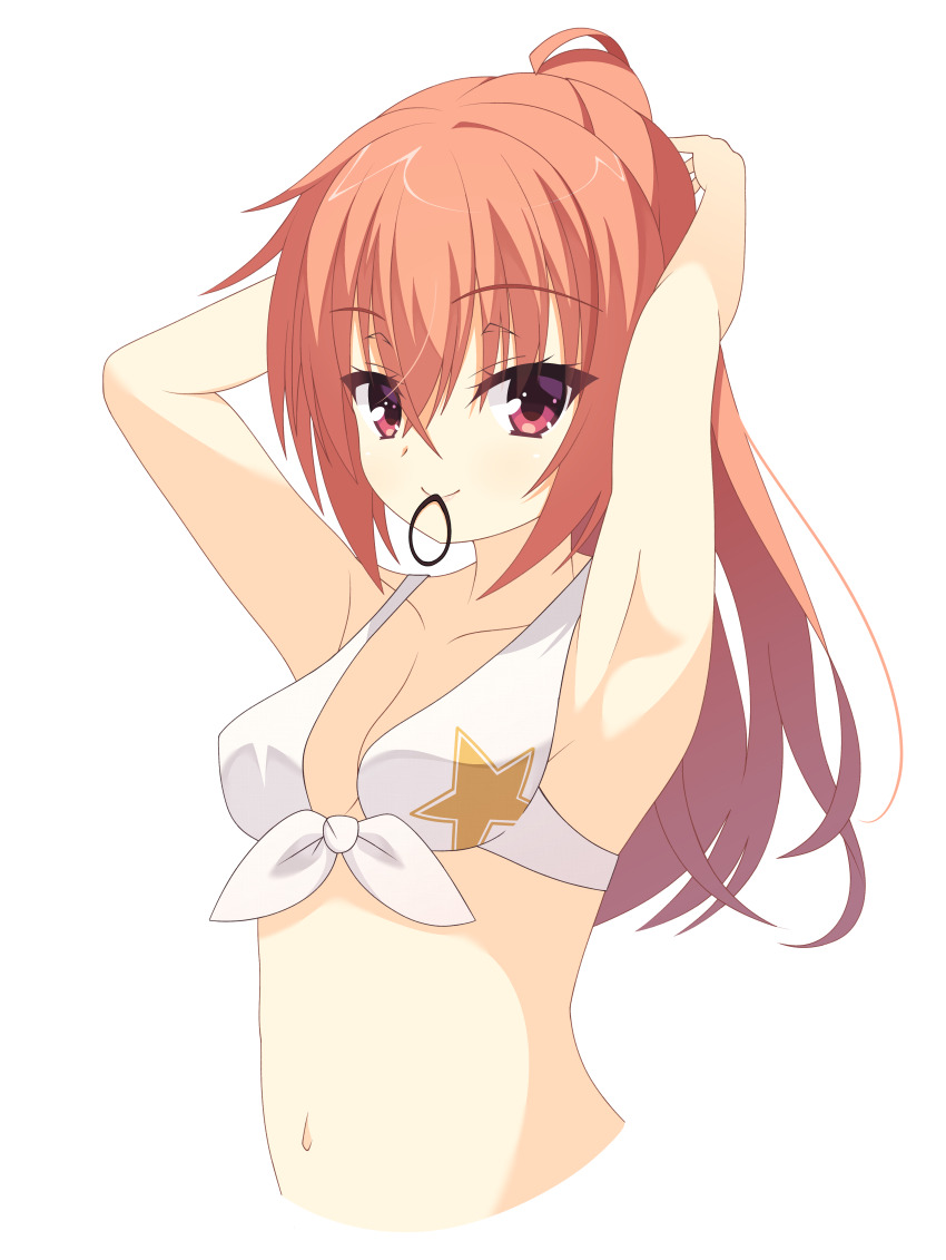 1girl absurdres alternate_hairstyle armpits arms_behind_head bare_arms bikini breasts closed_mouth commentary_request covered_erect_nipples cropped_torso crossed_bangs eyelashes eyes_visible_through_hair front-tie_bikini_top front-tie_top hair_between_eyes hair_tie_in_mouth hairdressing happy highres inaba_meguru kaon_zz long_hair looking_at_viewer medium_breasts mouth_hold navel orange_hair ponytail print_bikini red_eyes sanoba_witch simple_background smile solo star_(symbol) star_print swimsuit tsurime upper_body white_background white_bikini