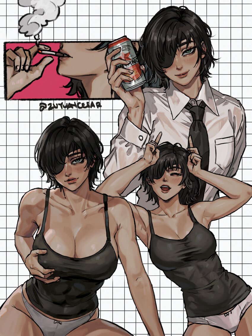 1girl absurdres alcohol beer beer_can black_camisole black_hair black_necktie breasts camisole can chainsaw_man cigarette cleavage collared_shirt drink_can eyepatch grabbing_own_breast grey_hair highres himeno_(chainsaw_man) large_breasts looking_at_viewer multiple_views necktie panties shirt smoke smoking underwear white_panties white_shirt zu_yuan_cesar