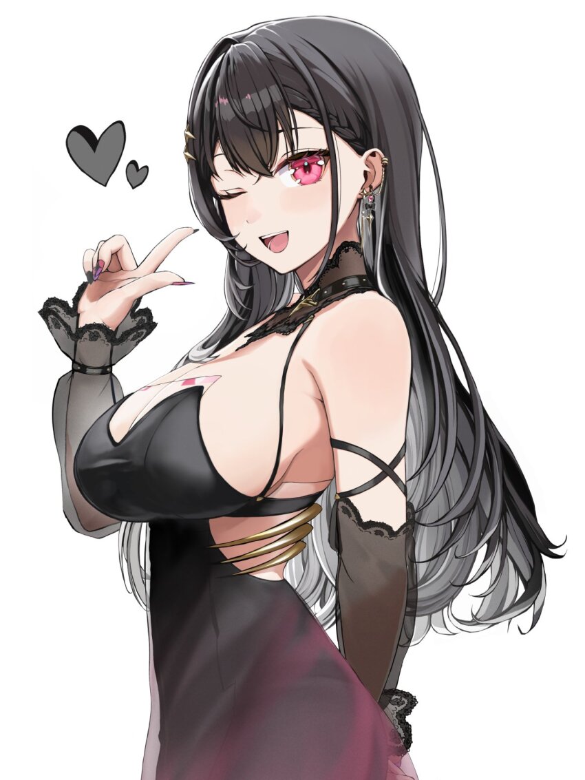 1girl ;d arm_strap bare_shoulders black_collar black_dress black_hair black_nails breasts cleavage collar detached_sleeves dress ear_chain ear_piercing earrings from_side gold gradient_clothes gradient_dress grey_hair hair_between_eyes heart highres index_finger_raised jewelry kuroha_arya lace-trimmed_collar lace_trim large_breasts linked_piercing long_hair long_sleeves looking_at_viewer multicolored_nails nail_art one_eye_closed open_mouth piercing pink_eyes pink_nails purple_dress purple_nails qckvolley see-through_cleavage see-through_clothes see-through_dress see-through_dress_layer see-through_sleeves sideboob sideless_dress simple_background smile solo spaghetti_strap virtual_youtuber vspo! vspo!_en white_background