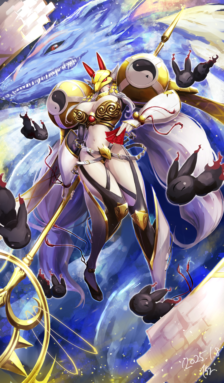 152_in_can 1girl absurdres animal_ears armor belt bikini_armor black_thighhighs breasts cleavage closed_mouth commentary commission covered_eyes dated detached_sleeves digimon digimon_(creature) earrings facial_mark familiar floating fox_ears fox_mask full_body grey_hair hair_ribbon highres holding holding_ofuda holding_staff jewelry large_breasts leg_warmers long_hair mask multiple_earrings navel ofuda pixiv_commission ribbon sakuyamon sakuyamon_x-antibody shakujou shoulder_armor sidelocks signature skindentation smile solo staff stomach tabi thighhighs tress_ribbon very_long_hair white_belt white_sleeves yellow_armor yellow_collar yellow_mask yin_yang yin_yang_print