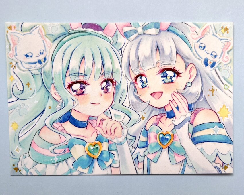 2girls :d aqua_hair arm_warmers blue_eyes bow bow_choker brooch choker crown crown_earrings cure_lillian cure_nyammy dress earrings hair_behind_ear hairband hat heart heart_brooch high_ponytail highres jewelry kashitani_futaba long_hair looking_at_viewer magical_girl mini_crown mini_hat multiple_girls nekoyashiki_mayu nekoyashiki_yuki nekoyashiki_yuki_(cat) off-shoulder_dress off_shoulder open_mouth pearl_earrings pink_eyes ponytail precure smile striped_bow upper_body white_dress white_hair wonderful_precure!