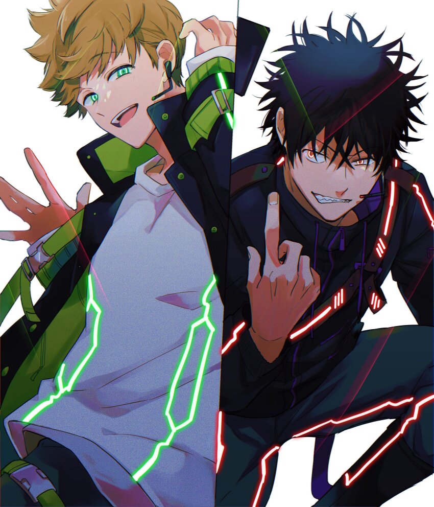 2boys absurdres beckoning belt black_hair black_jacket blonde_hair blue_pants clenched_teeth column_lineup glowing green_eyes hand_up hands_up headset highres htr_wiwi index_finger_raised inukai_sumiharu jacket kageura_masato laser long_sleeves looking_at_viewer male_focus multiple_boys neon_trim on_one_knee open_mouth pants red_eyes shirt short_hair simple_background smile spiked_hair t-shirt teeth uneven_eyes upper_body waving white_background white_shirt world_trigger