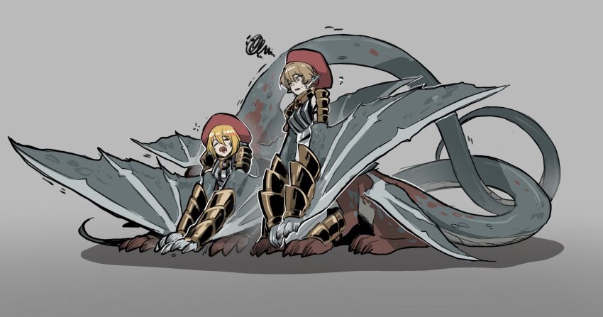 1boy 1girl basilisk basilisoup blonde_hair closed_eyes don_quixote_(project_moon) e.g.o_(project_moon) gauntlets grey_background highres lifetime_stew_(e.g.o) limbus_company monster_boy monster_girl pointy_ears project_moon red_headwear shiqicheng simple_background sinclair_(project_moon) squiggle stretching tail winged_arms wings yawning yellow_eyes