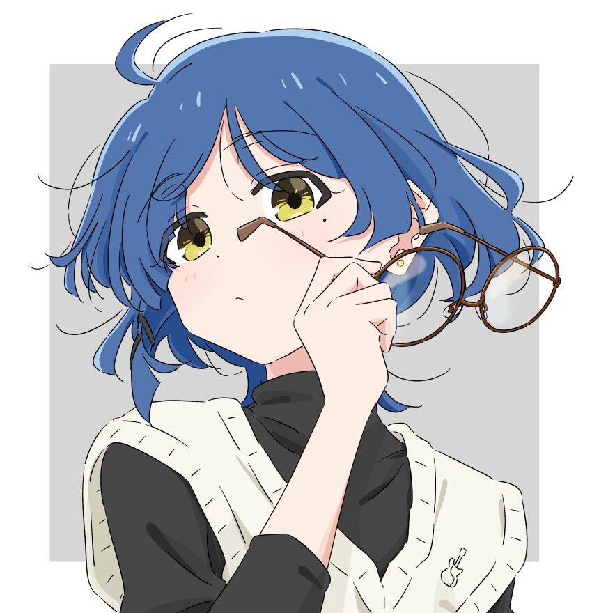 1girl absurdres black_shirt blue_hair blush bocchi_the_rock! commentary_request earrings glasses grey_background hair_ornament hairclip hand_up highres holding holding_removed_eyewear jewelry looking_at_viewer mayo_(oekaki_bibbi) mole mole_under_eye portrait round_eyewear shirt short_hair solo unworn_eyewear vest white_vest yamada_ryo yellow_eyes