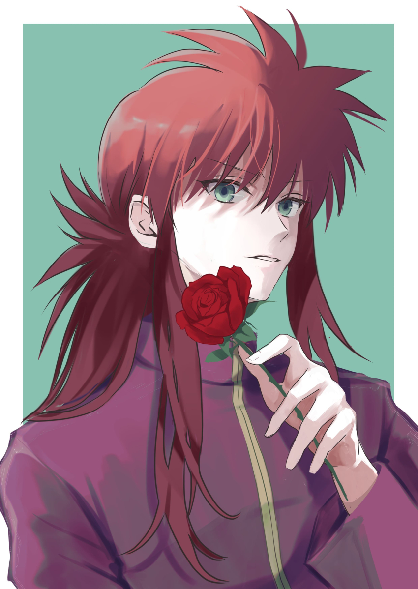 1boy absurdres flower green_background green_eyes hand_up highres holding holding_flower kurama_(yu_yu_hakusho) long_hair long_sleeves looking_at_viewer male_focus minato_x3710 outside_border parted_lips ponytail purple_shirt red_flower red_hair red_rose rose shirt sidelocks signature solo upper_body yuu_yuu_hakusho