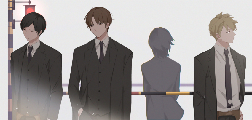 1girl 3boys black_eyes black_hair black_jacket black_neckwear black_vest blonde_hair brown_hair closed_mouth collarbone collared_shirt facing_away floating_hair formal_clothes frown hand_in_pocket hand_on_own_hip hatohara_mirai holster inukai_sumiharu jacket lineup looking_away looking_to_the_side multiple_boys necktie ninomiya_masataka parted_bangs profile railroad_signal shirt short_hair sideways_glance simple_background smile suit swept_bangs traffic_light tsuji_shinnosuke upper_body vest white_shirt wind world_trigger yawai_tofu