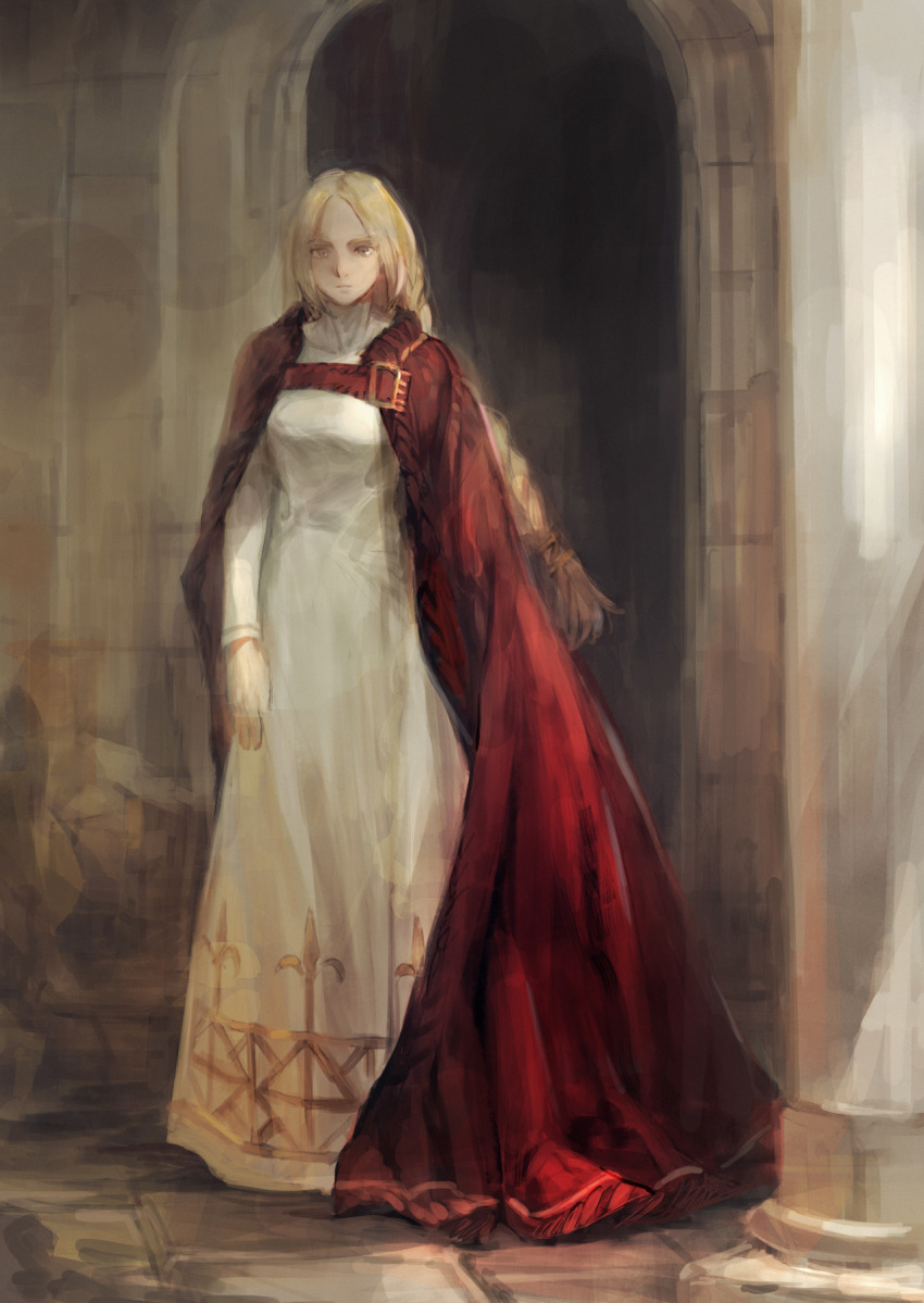 1girl blonde_hair braid breasts brown_eyes dress final_fantasy final_fantasy_tactics full_body highres interior long_hair looking_at_viewer medium_breasts midoriimo_(9ne8n) ovelia_atkascha red_robe robe solo white_dress
