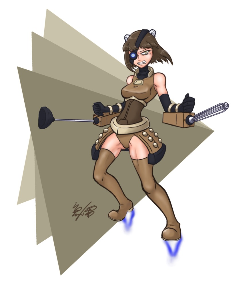 angry broken_torpedo dalek doctor_who eyepatch highres personification short_hair simple_background teeth thighhighs yellow_eyes