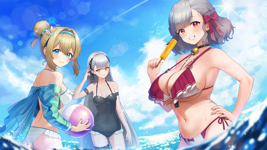 3girls ak-alfa_(girls&#039;_frontline) ball beachball bell bikini black_one-piece_swimsuit blonde_hair blue_hairband blue_sky blush breasts cleavage closed_mouth commentary_request day food frilled_bikini frilled_one-piece_swimsuit frills front_zipper_swimsuit_(realise) girls&#039;_frontline girls&#039;_frontline_2:_exilium grey_hair hair_bun hair_intakes hairband hand_on_own_hip highres holding holding_ball holding_beachball holding_food holding_popsicle large_breasts long_hair looking_at_viewer medium_breasts meme_attire multicolored_bikini multiple_girls navel necklace_between_breasts noixen official_alternate_costume official_alternate_hairstyle one-piece_swimsuit outdoors popsicle red_bikini red_eyes sabrina_(girls&#039;_frontline_2) sabrina_(strawberry_zabaione)_(girls&#039;_frontline_2) single_hair_bun single_side_bun sky smile spas-12_(girls&#039;_frontline) suomi_(girls&#039;_frontline) suomi_(midsummer_pixie)_(girls&#039;_frontline) swimsuit tololo_(celestial_river_at_dusk)_(girls&#039;_frontline_2) tololo_(girls&#039;_frontline_2) two-tone_bikini white_bikini yellow_eyes