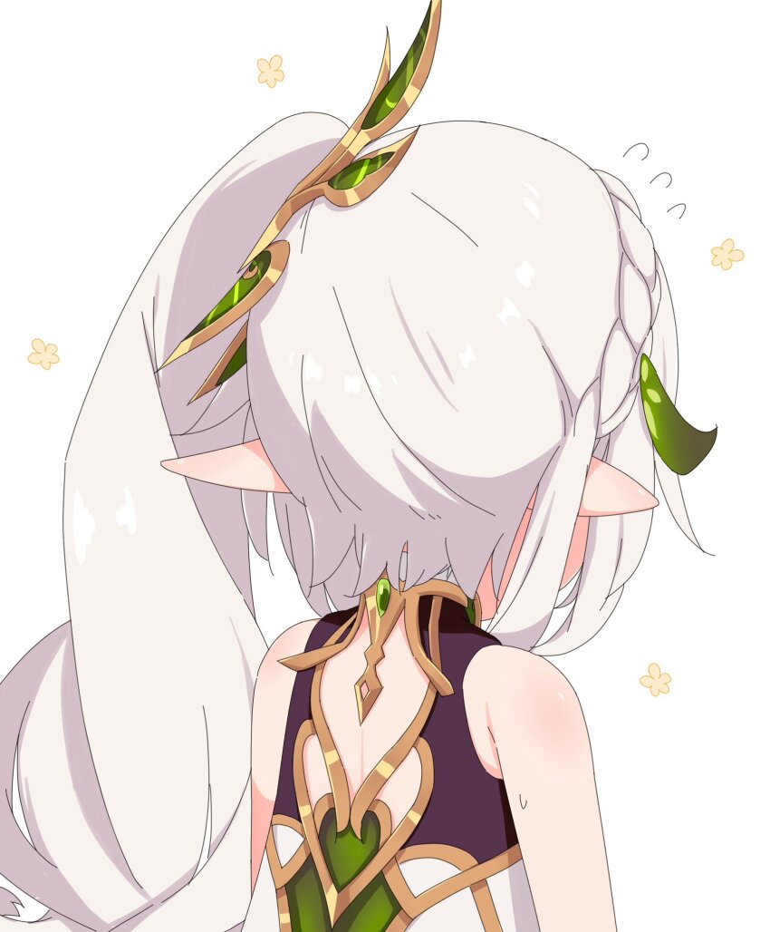 1girl azbchan1221 bare_shoulders commentary_request from_behind gem genshin_impact gold_trim green_gemstone hair_ornament highres leaf_hair_ornament long_hair nahida_(genshin_impact) pointy_ears side_ponytail simple_background sleeveless solo upper_body white_background white_hair