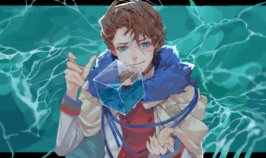 1boy aristocratic_clothes black_clover blue_eyes bright_pupils brown_hair capelet character_doll cube doll emblem floating floating_object fur_collar golden_dawn_(emblem) hands_up highres jacket langris_vaude long_sleeves looking_at_viewer male_focus multicolored_jacket red_jacket short_hair smile smirk solo upper_body water white_capelet white_jacket white_pupils xingji20108