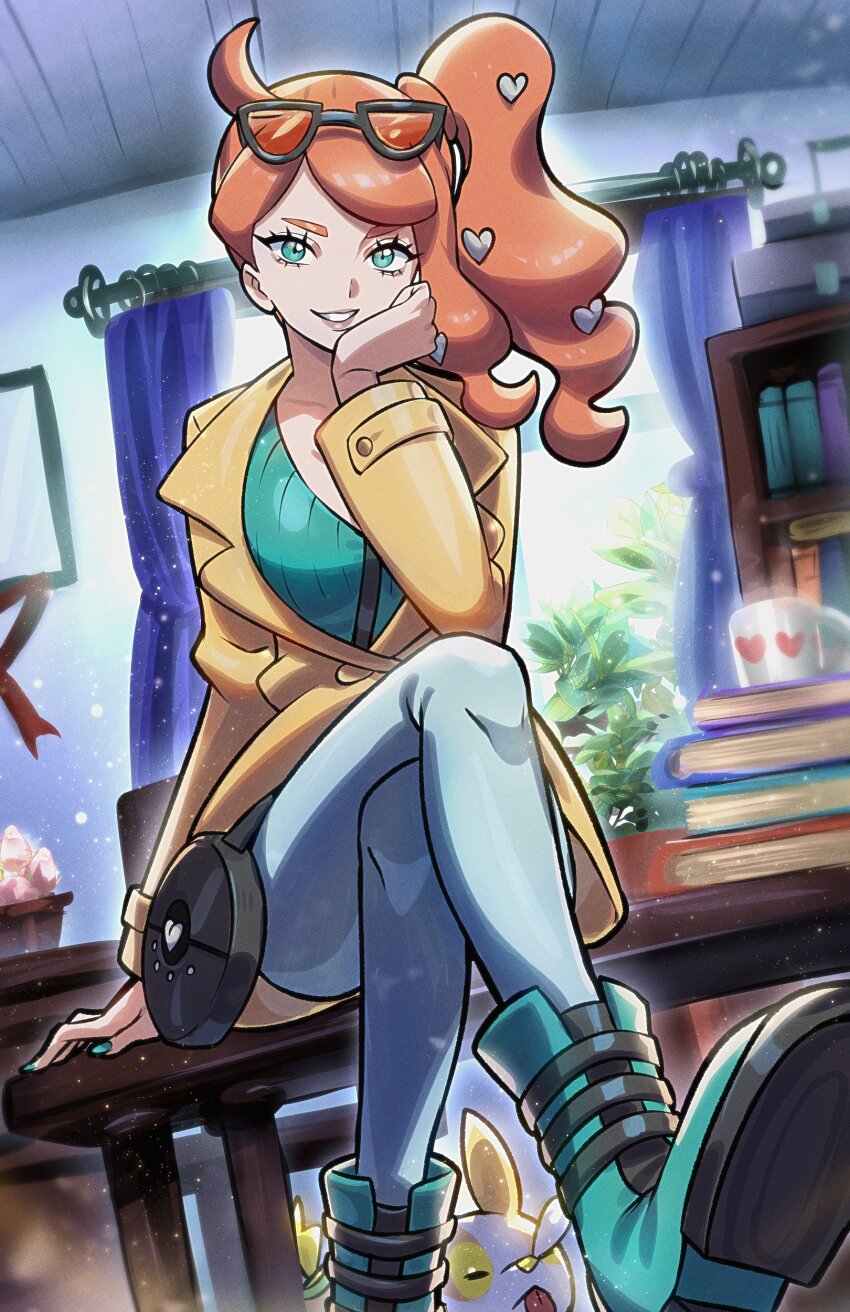 1girl absurdres aqua_boots aqua_eyes aqua_nails aqua_shirt boots breasts brown_coat coat collarbone crossed_legs denim eyewear_on_head gen_8_pokemon hair_ornament hand_on_own_chin head_rest heart heart_hair_ornament high_heel_boots high_heels highres jeans medium_breasts nintendo orange-tinted_eyewear orange_hair pants pokemon pokemon_swsh ribbed_shirt ryairyai shirt side_ponytail smile solo_focus sonia_(pokemon) sunglasses swept_bangs tinted_eyewear v-neck wavy_hair yamper