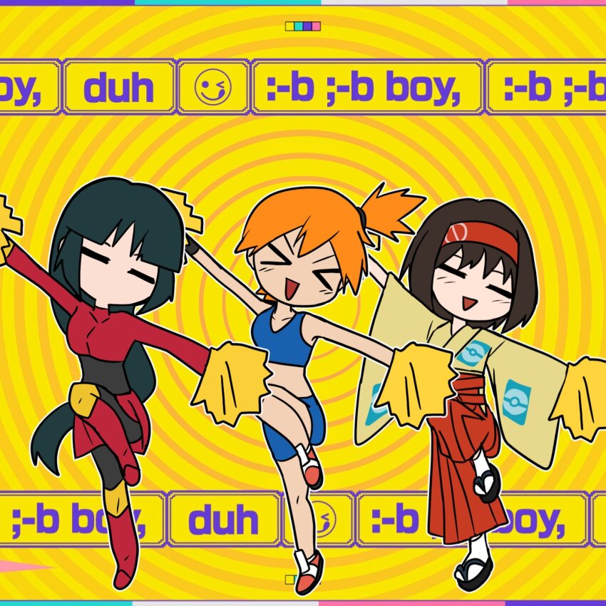 &gt;_&lt; 3girls :d asymmetrical_hair black_hair blue_shorts bodysuit boots breasts brown_hair cheerleader closed_eyes creatures_(company) crop_top dancing english_text erika_(pokemon) eyelashes facing_viewer game_freak green_hair gym_leader hair_tie hairband hakama hakama_skirt highres holding holding_pom_poms japanese_clothes kimono leg_up long_hair long_sleeves midriff misty_(pokemon) multiple_girls nintendo open_mouth orange_hair pantyhose pokemon pokemon_(anime) pokemon_(classic_anime) pokemon_frlg pokemon_rgby pom_pom_(cheerleading) pom_poms ponytail red_hairband robe sabrina_(pokemon) sandals sash shirt shoes short_hair shorts side_ponytail skirt sleeveless smile socks standing standing_on_one_leg wide_sleeves xd yellow_kimono