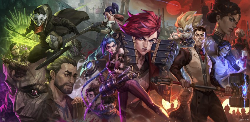 6+boys 6+girls absurdres ambessa_medarda arcane:_league_of_legends arcane_caitlyn arcane_jayce arcane_jinx arcane_vi caitlyn_(league_of_legends) claggor_(arcane) coat dark-skinned_female dark_skin dreadlocks ekko_(league_of_legends) everyone facial_hair firelight_ekko gatling_gun gauntlets goggles gun hammer heimerdinger highres hoverboard jacket jayce_(league_of_legends) jinx_(league_of_legends) league_of_legends mask mechanical_arms mel_medarda moon multiple_boys multiple_girls mustache mylo_(arcane) ponytail red_moon rifle serious sevika_(arcane) short_ponytail silco_(arcane) singed single_mechanical_arm tattoo vander_(arcane) vi_(league_of_legends) viktor_(arcane) viktor_(league_of_legends) weapon xiaoguimist