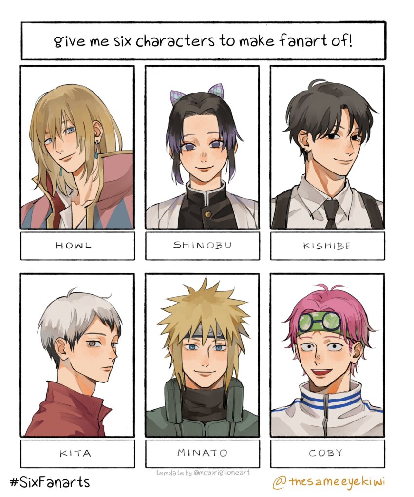 1girl 5boys black_eyes black_hair blonde_hair blue_eyes chainsaw_man character_name collared_jacket commentary_request earrings green_headband haikyuu!! headband high_collar highres howl_pendragon howl_no_ugoku_shiro jacket jewelry kimetsu_no_yaiba kishibe_(chainsaw_man) kishibe_(young)_(chainsaw_man) kita_shinsuke koby_(one_piece) kochou_shinobu looking_at_viewer multiple_boys multiple_drawing_challenge namikaze_minato naruto_(classic) naruto_(series) one_piece pink_hair purple_eyes purple_hair scar scar_on_face short_hair six_fanarts_challenge smile thai_commentary thesameeyekiwi twitter_username white_hair