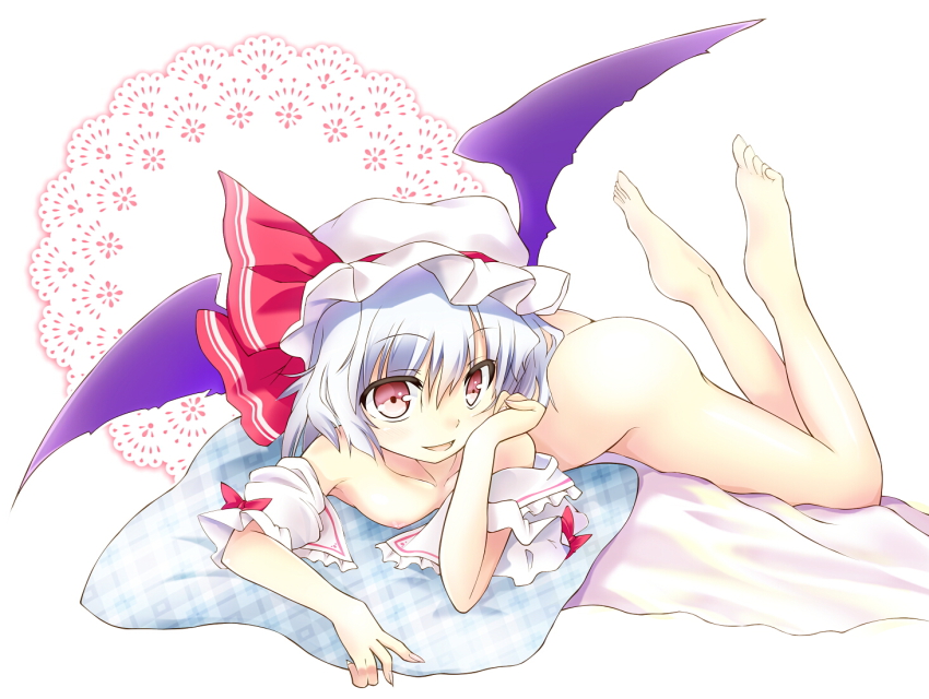 1girl ass bat_wings blue_hair breasts collarbone detached_sleeves fang female_focus hand_in_own_hair hat hat_ribbon looking_at_viewer lying mob_cap nipples nude on_stomach open_mouth pillow pink_eyes remilia_scarlet ribbon silver_hair small_breasts smile solo take_tonbo the_pose touhou wings