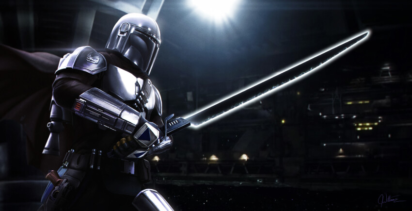 1boy absurdres armor darksaber din_djarin helmet highres holding holding_sword holding_weapon joshua_williams mandalorian mandalorian_armor mandalorian_helmet realistic solo star_wars sword the_mandalorian weapon