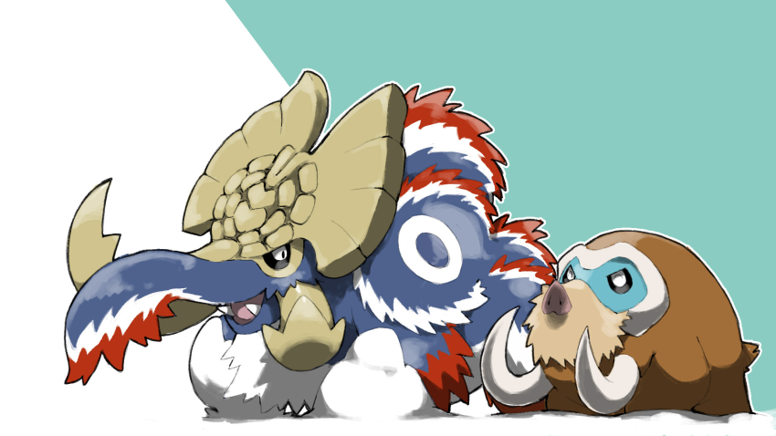 animal_focus aqua_background blacknirrow closed_eyes creatures_(company) crossover game_freak gammoth gen_4_pokemon highres mamoswine monster monster_hunter_(series) nintendo no_humans open_mouth outline pokemon pokemon_(creature) simple_background teeth tusks two-tone_background white_background white_outline
