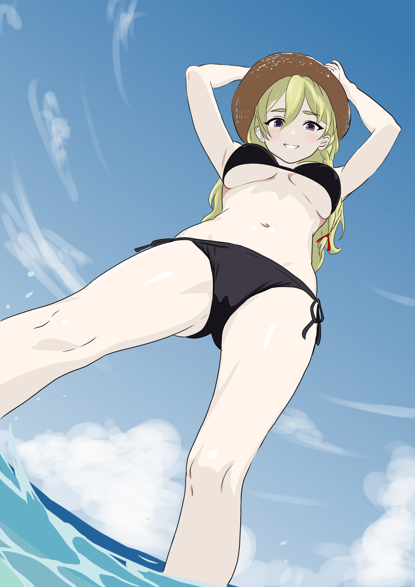 1girl absurdres arms_up bikini black_bikini blonde_hair blue_sky bone_namu(namu49850) breasts brown_hat cloud commentary_request day feet_out_of_frame hat highres horizon kantai_collection long_hair medium_breasts ocean outdoors parted_lips partial_commentary red_eyes side-tie_bikini_bottom sky solo swimsuit underboob wading water zara_(kancolle)