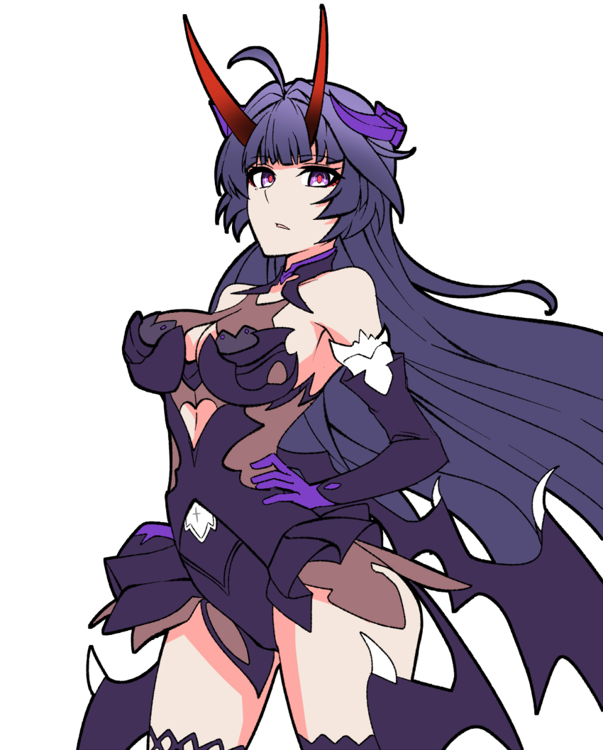 1girl bad_anatomy bare_shoulders black_leotard black_sleeves black_thighhighs breasts cleavage commentary_request detached_sleeves gloves grey_hair highres honkai_(series) honkai_impact_3rd horns large_breasts leotard long_hair long_sleeves looking_at_viewer nabeiro_kin parted_lips purple_eyes purple_gloves raiden_mei raiden_mei_(eventide_phantom) raiden_mei_(herrscher_of_thunder) raiden_mei_(lightning_empress) red_pupils self_cosplay simple_background solo standing thighhighs very_long_hair white_background