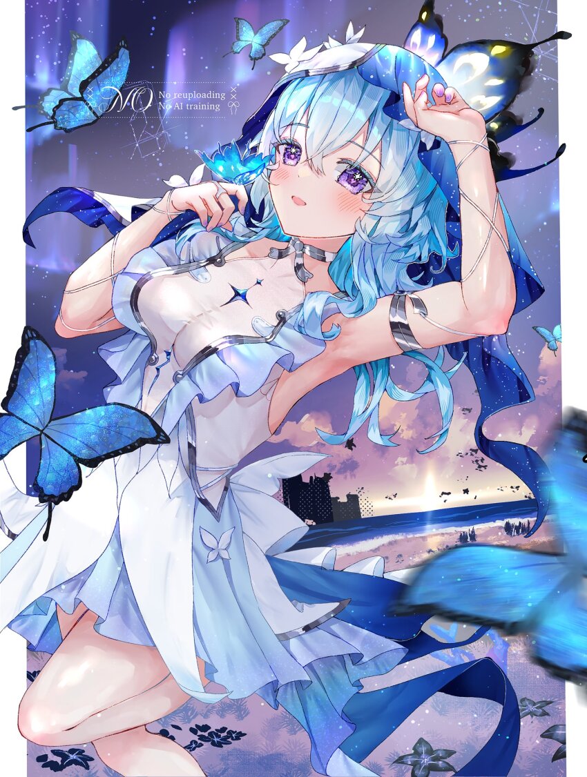 1girl armpits bare_shoulders blue_butterfly blue_hair blue_veil blush breasts bug butterfly cleavage commentary_request dress fingernails hair_between_eyes hand_up heart heart_in_eye highres insect isuzu_(an_icy_cat) long_hair medium_breasts nail_polish parted_lips purple_eyes purple_nails see-through_cleavage see-through_clothes shorekeeper_(wuthering_waves) sleeveless sleeveless_dress solo star_(symbol) symbol_in_eye veil very_long_hair white_dress wuthering_waves
